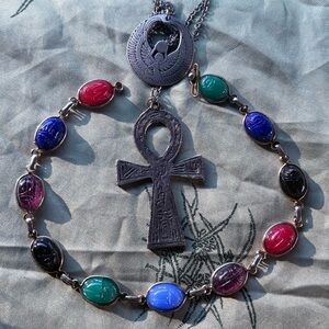 Vintage Egyptian revival jewelry lot colorful scarab ankh isis pewter necklace